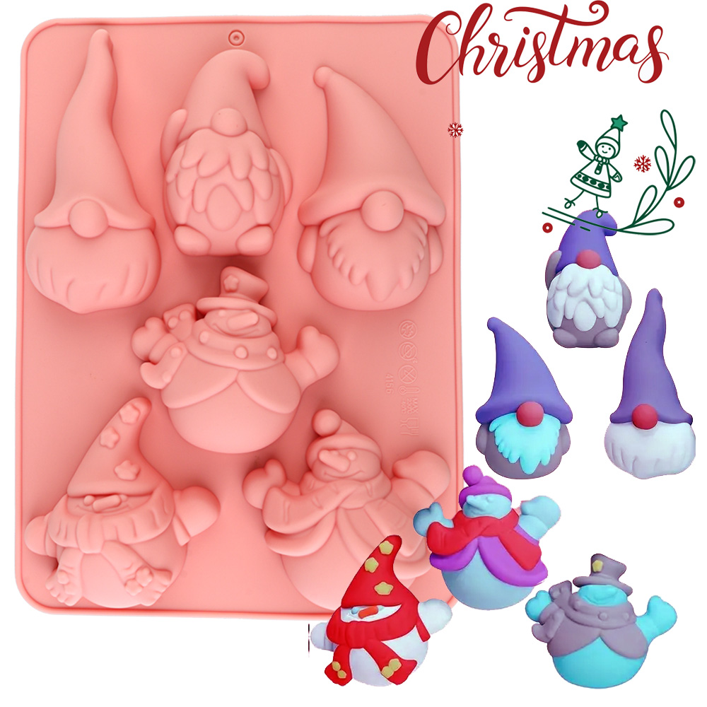 Candle Making Items - 6つの空洞を持つクリスマスノームケーキチョコレートシリコン製ベーキングモールド、チョコレート、ムース、フォンダンケーキ、キャンドル、または樹脂工芸品などの創造的な作品作りに適しています。モールドは食品グレードのシリコン素材で作られており、安全で無毒、耐熱性があり、型から取り出しが簡単で、特にホリデーベーキングやDIYクラフトに設計されています。