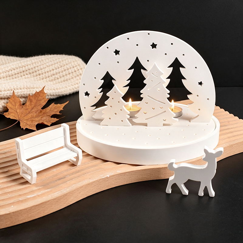 Candle Making Tools - クリスマスエルクティーライトキャンドルホルダーシリコンモールド、3Dレジンプラスタートレイモールドキット、DIY冬景色ランプベースクラフトツールセット