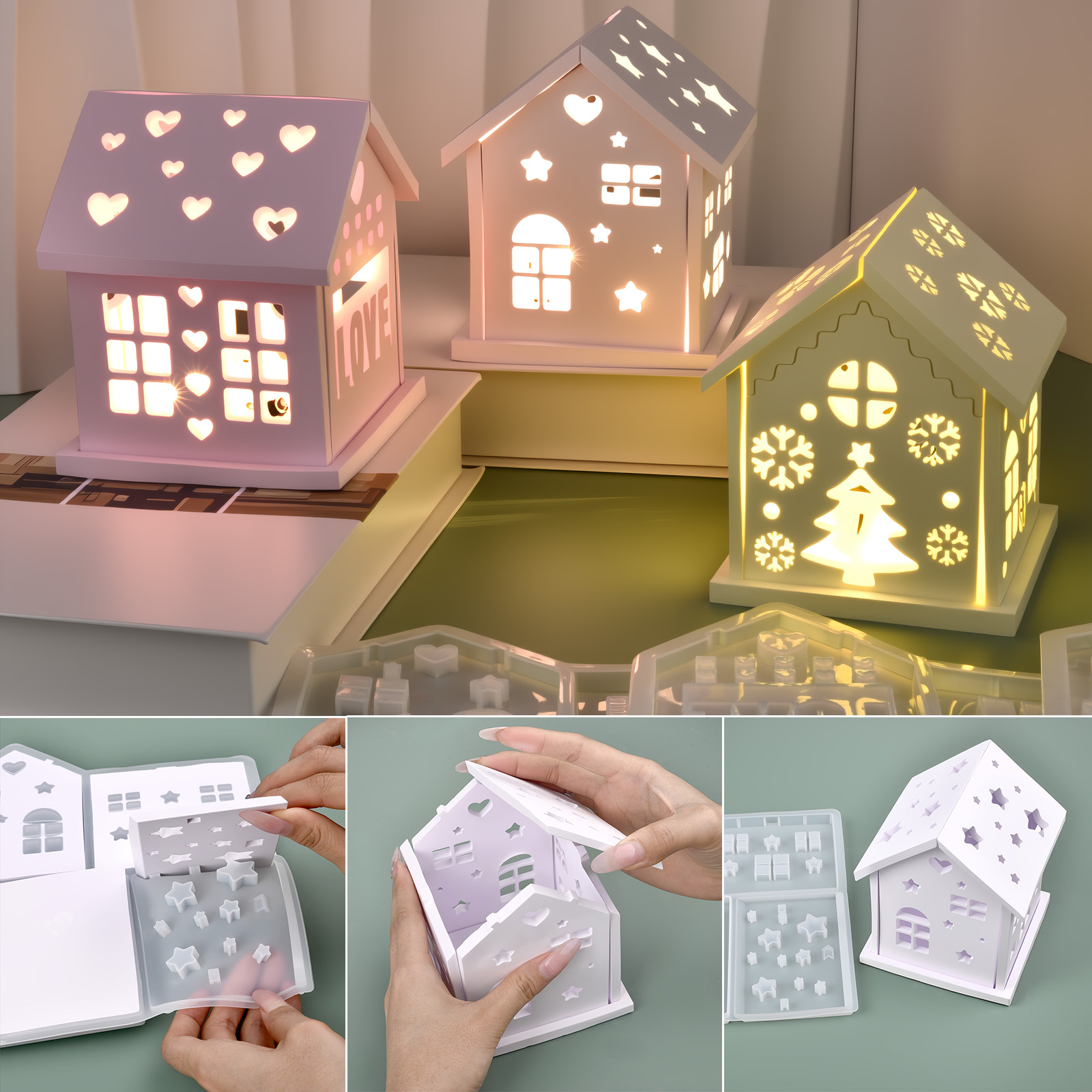 Candle Making Tools - 3Dハウスシリコンモールド DIY クリスマスツリー ラブスター ハウスオーナメント デコレーション